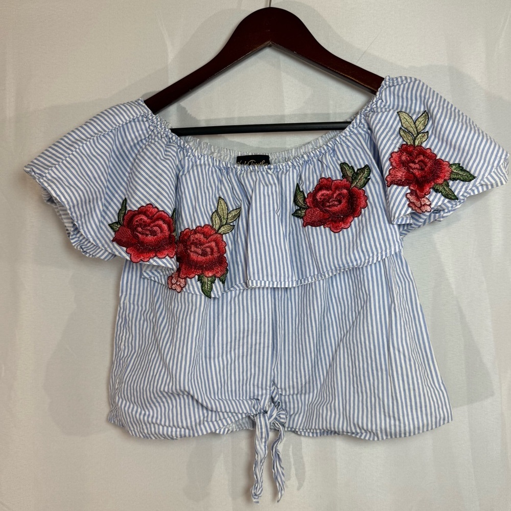 Parisian Off Shoulder Top Women’s S‎ Striped Rose Embroidered Blouse